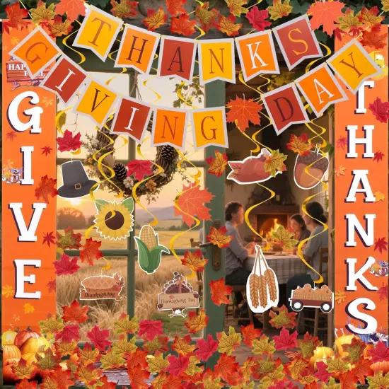 THANKS GIVEING DAY Banner Hanging Swirls Fall Leaves {2}