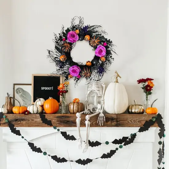 22 Inch Halloween Wreaths with Pumpink Rose Skeleton {4}