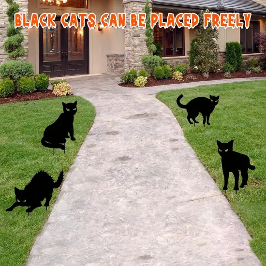 4Pcs Black Cat Yard Sign With Stakes Scary Cat Silhouette &Glow In Dark Eyes {4}