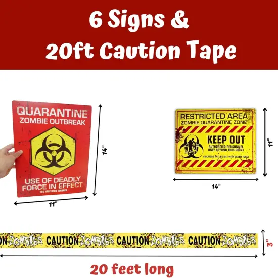 4E's Novelty Halloween Zombie Warning Signs with 20ft Caution Tape &ndash; 6 Pack 11x14 Creepy Posters for Indoor Outdoor Haunted House, Graveyard, Front Yard, Door, Wall, Garden, Balcony Party Decor {6}