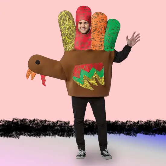 Hand Turkey Adult Costume Funny Thanksgiving Tunic with Colorful Drawing Details {2}