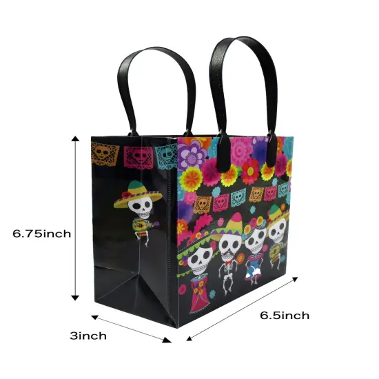 TINYMILLS Day of the Dead Gift Bags with Handles, 12-Pack, Dia de los Muertos Party Favor Bags {5}