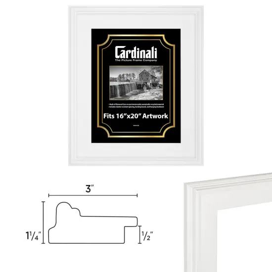 Cardinali Plein Air, White 16x20" Picture Frame with Acrylic Glazing & Cardboard Backing, for Photography or Canvas Frame, 3 Wide Moulding, 1/2 Rabbet Depth, D-Ring Hangers Included {4}