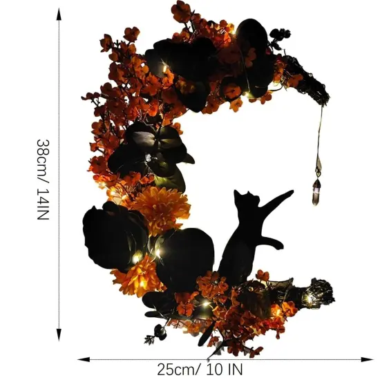 Halloween Wreaths Moon Cat Wreath Garland for Front Door with Lights - Yellow {4}