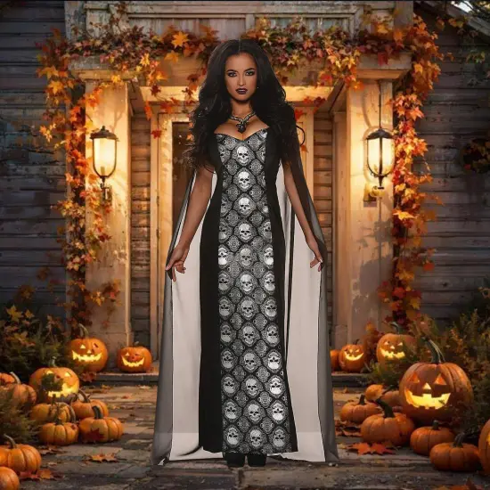 Womens Mortalia Costume Full Length Dress Skull Jacquard Trim Halloween {3}