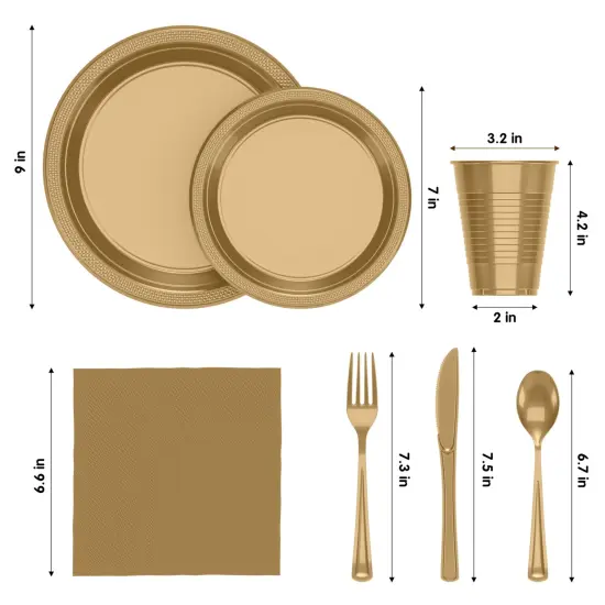 Exquisite 182 Pcs Plastic Plates for Party &ndash; Disposable Plates Set &ndash; 26 Each of 9" Dinner Plates, 7" Dessert Plates, Plastic Cups, Napkins & Plastic Cutlery &ndash; Plastic Dinnerware by Party Solids Gold {2}
