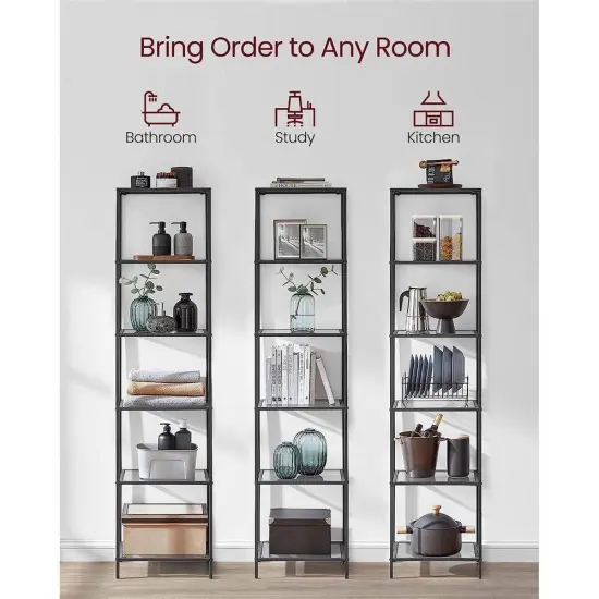 Narrow Glass Shelf Bookcase with Steel Frame for Bedroom Living Room Office Bathroom Storage {4}