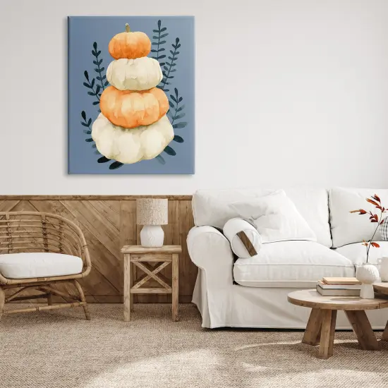 Stacked Fall Pumpkins Botanical Leaves Blue BackgroundCanvas Art {8}