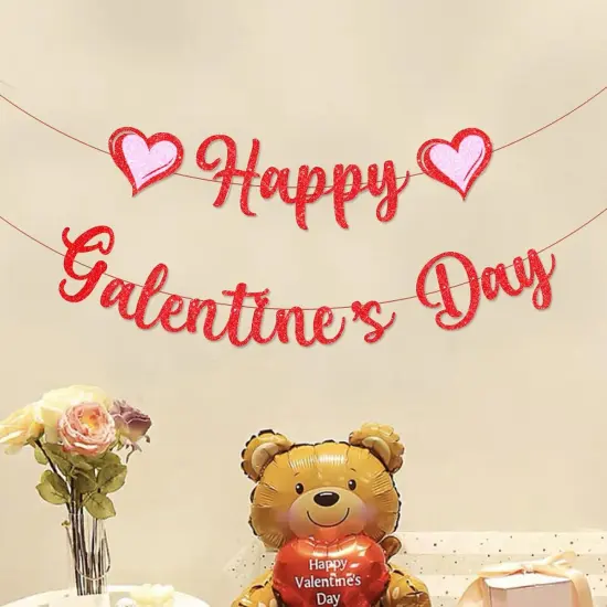 Happy Valentines Day Banner Red Glittery Paper Decorations {5}