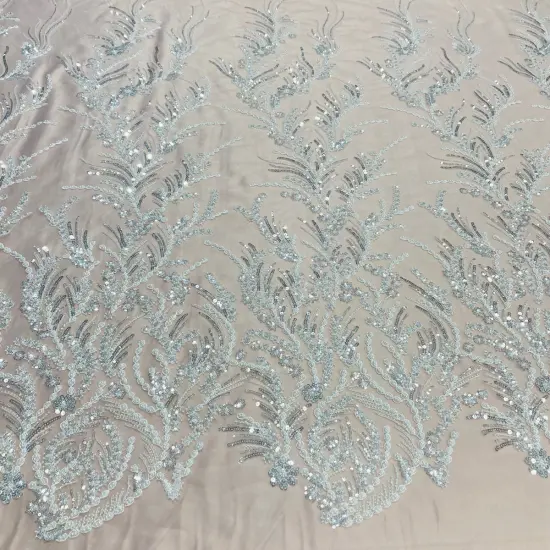 1 Yard Elegant Beaded Lace Fabric with Embroidered Floral Design on 100% Polyester Mesh, GD-210904 White {3}