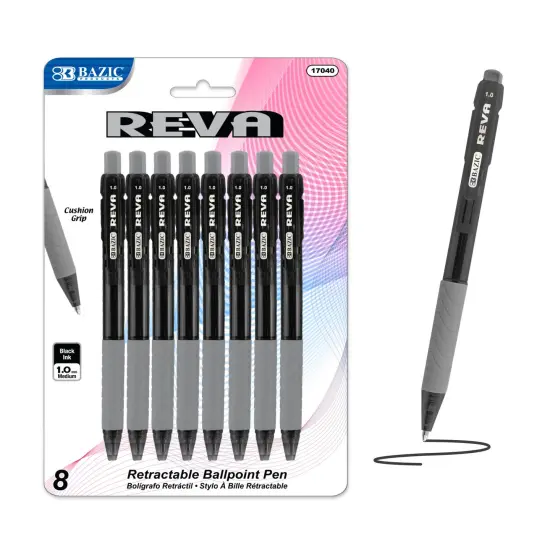 BAZIC Reva Black Color Retractable Pen w/ Cushion Grip (8/Pack) {1}