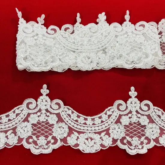 1 Yard Elegant Beaded & Corded Embroidered Lace Trim on 100% Polyester Mesh Rose Gold {3}