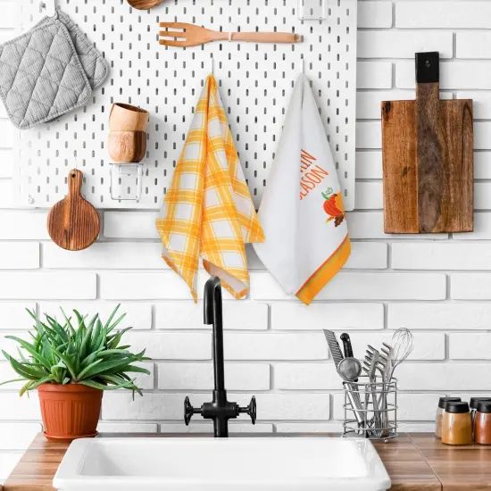 Northlight Hello Pumpkin Season and Plaid Fall Harvest Kitchen Tea Towels - 26" - Set of 2 White {1}