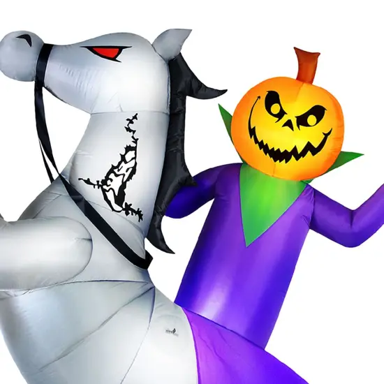 9' Animated Jack-O-Lantern Grim Reaper on Horse Inflatable Outdoor Halloween Decoration {4}