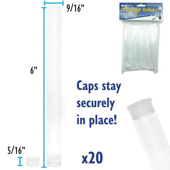 The Beadsmith Clear Plastic Tubes - 6-Inch-Long Round Tubes, 9/16 Inches in diameter - Flat Caps - Use for Beads, Bath Salts, Wedding & Party Favors, Home or Office Storage - Bag of 20 {2}
