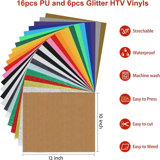 22 Pack HTV Heat Transfer Vinyl 12"x10" -16 Pack Assorted Colors Iron on Vinyl- 6 Pack Glitter {3}