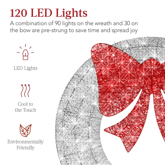 Best Choice Products 36in Pre-Lit Outdoor Christmas Wreath, LED Metal Holiday Décor w/ 120 Lights, Bow Silver/Red {3}