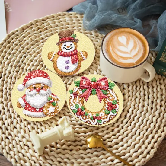 8 Pcs Christmas Diamond Art Coasters Kits with Holder, Gingerbread Snowman 5D DIY Diamond Pinting Coasters Acrylic Round Cup Coaster with Cork Pads for Tabletop Protection 10&times;10 CM {2}