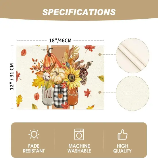 Set of 4 Vases with Hello Fall Placemats - 12x18 Inch (Beige/Orange) {5}