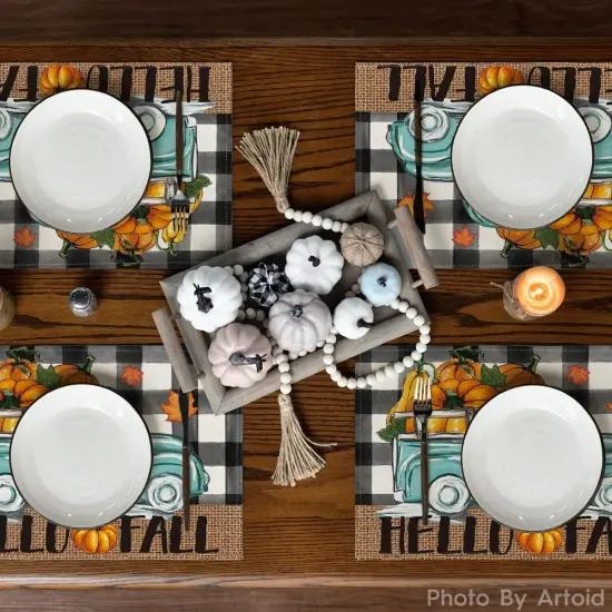 Set of 4 Buffalo Plaid Truck Hello Fall Placemats - 12x18 Inch (Black/Beige) {3}