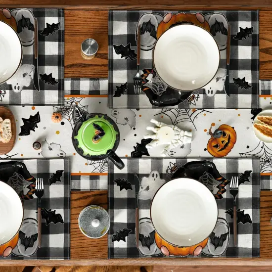 Set of 4 Buffalo Plaid Gnome Pumpkin Halloween Placemats - 12x18 Inch (Black/Beige) {4}
