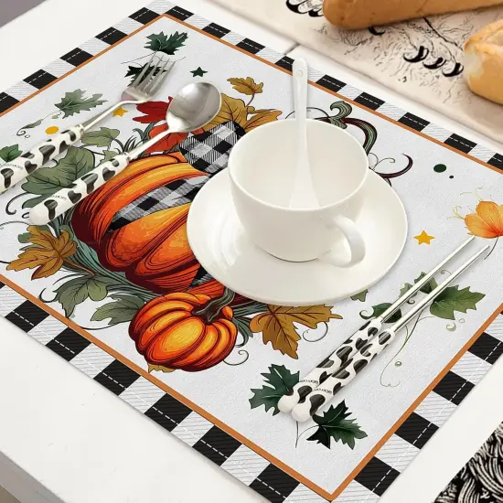 Set of 4 Linen Pumpkins Leaves Placemats - 12x18 Inches {4}