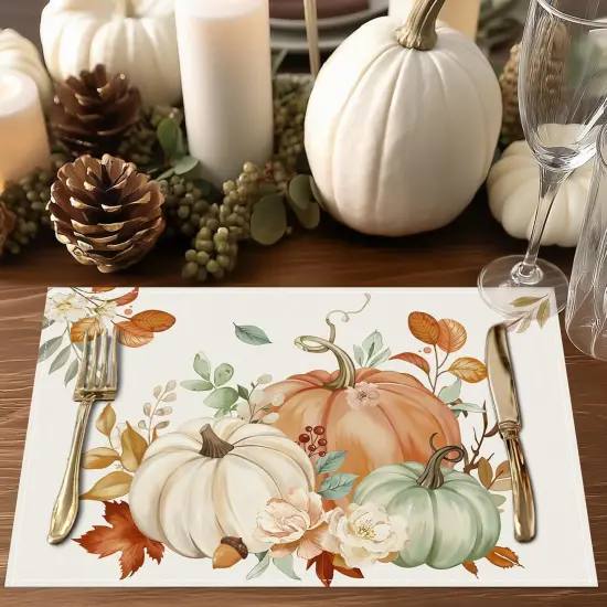 Set of 4 Watercolor Pumpkins Fall Placemats - 12x18 Inch {2}