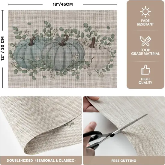 Set of 4 Pumpkin Leaves Fall Vinyl Placemats - 12" x 18" (Blue) {5}