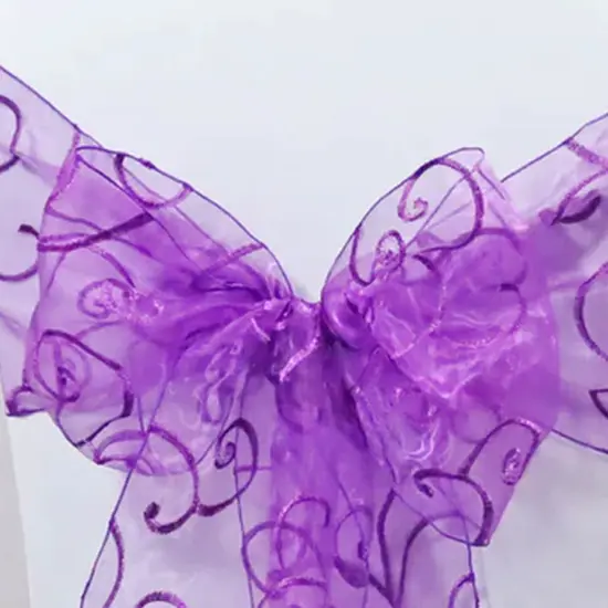 10 Pieces Purple Embroidered Organza Chair Sashes 8"x108" Elegant Event Chair Accessories {3}