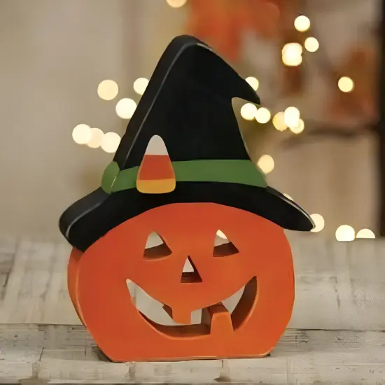 Wooden Jack O&rsquo; Lantern Fall Sitter with Black Hat and Carved Face {2}