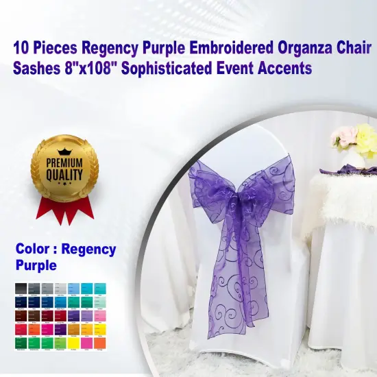 10 Pieces Regency Purple Embroidered Organza Chair Sashes 8"x108" Sophisticated Event Accents {1}