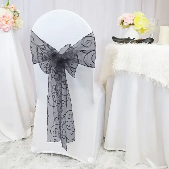 10 Pieces Pewter or Charcoal Embroidered Organza Chair Sashes 8"x108" Sophisticated Event Decor {2}