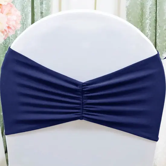 10 Pieces Navy Blue Ruffled Spandex Chair Bands for Elegant Event Seating 8x13 inches {3}