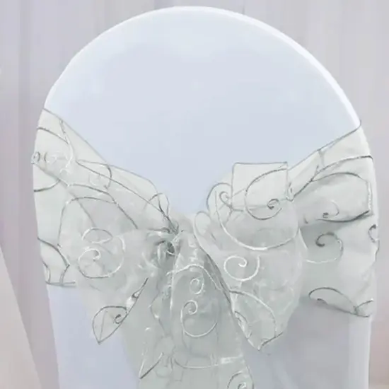 10 Pieces Silver Embroidered Organza Chair Sashes 8"x108" Elegant Event & Wedding Decor {3}