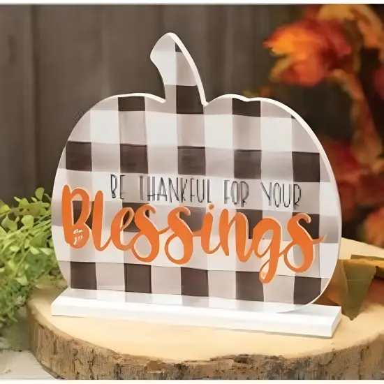 Wooden Pumpkin Sitter with Buffalo Check and Thankful Message {2}