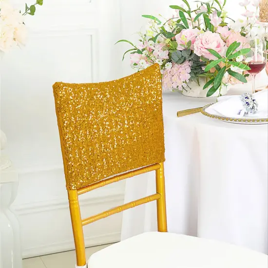 1 Piece Gold Sequin Spandex Chair Cap 13.5 inch by 10 inch Banquet Decor {2}