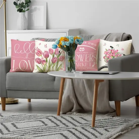 Spring Decorations Pink Tulip Spring Pillow Covers 18x18 Set of 4 Butterfly Flowers Bicycle Throw Pillow Case Hello Love Flowers Market Farmhouse Cushion Cover for Home Sofa Couch {2}