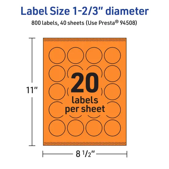 Avery Bright Orange Paper Labels, 1-2/3" Diameter Round {5}