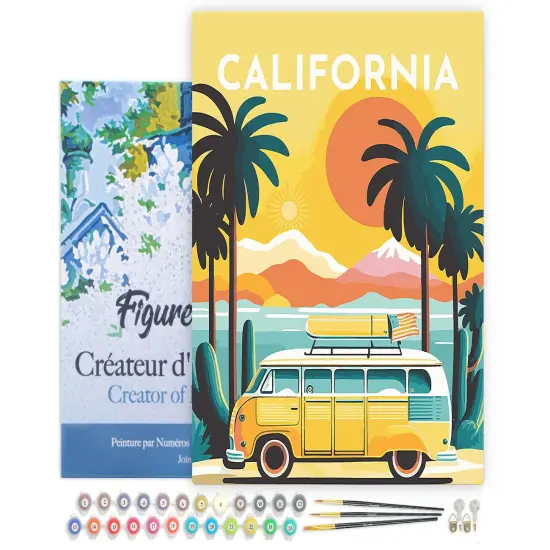 Figured'Art Paint by Numbers for Adults with Frame Travel Poster California 16"x20" - Craft Art Painting DIY Kit Canvas Already Stretched on a Wooden Frame {1}