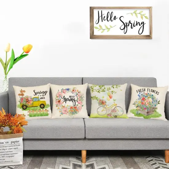 Hello Spring Pillow Covers 18x18 Set of 4 Floral Throw Pillow Covers Spring Summer Decorative Cushion Covers Truck Biycle Flower Pillow Cases for Home Sofa Couch Outdoor Decor (18 by 18) {5}