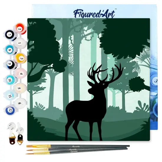 Figured'Art Mini Paint by Numbers Kit for Adults with Frame Deer in the Forest Small format 8"x8" - Craft Art Painting DIY Canvas Already Stretched on a Wooden Frame {1}