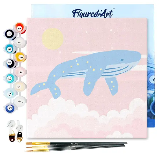 Figured'Art Mini Paint by Numbers Kit for Adults with Frame Pastel Flying Whale Small format 8"x8" - Craft Art Painting DIY Canvas Already Stretched on a Wooden Frame {1}