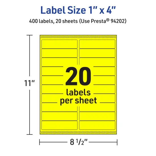 Avery Neon Yellow Paper Labels, 1" x 4" Rectangle {5}