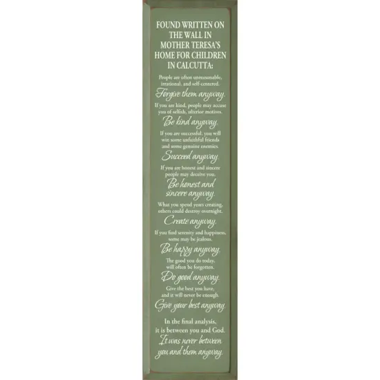 Solid Knotty Pine Wall Art - Inspirational Quote from Mother Teresa&rsquo;s Children&rsquo;s Home Sage-White {1}