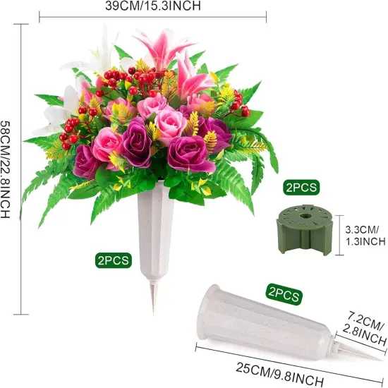 Artificial Cemetery Flowers with Vase Fake Silk Rose Lily Bouquet Grave Memorial Flowers, Colorful {2}