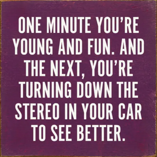 Wall Art with Humorous Quote, Turning Down Stereo to See Better Purple-White {1}
