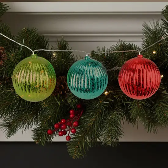 PENN Lighted Ribbed Mercury Glass Finish Ball Christmas Ornaments - Multi-Color - Clear Lights - Set of 3 {4}