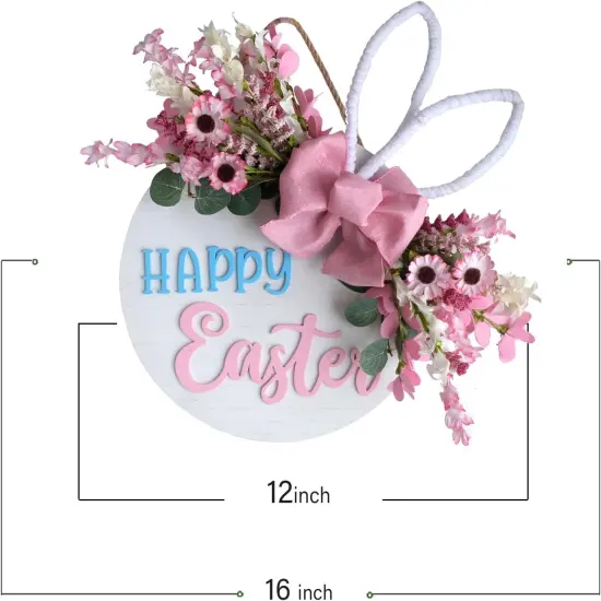 16" Spring Pink Flower Wreath with Happy Easter Sign &ndash; Front Door & Wall Decor {3}