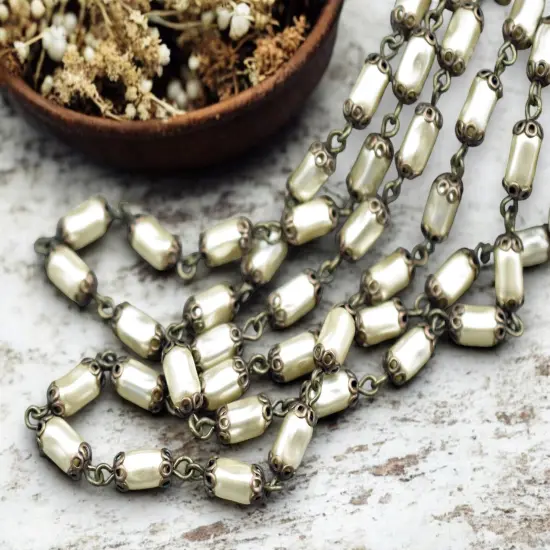 10x5mm Czech Glass Cream Pearl Chain w/Antique Bronze Caps -- Sold by the foot {2}