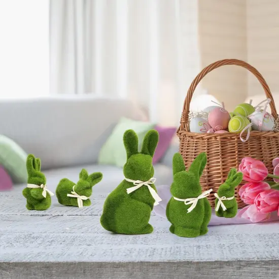 10" & 5" Moss Easter Bunny Decor – Set of 5 Faux Green Rabbits {3}